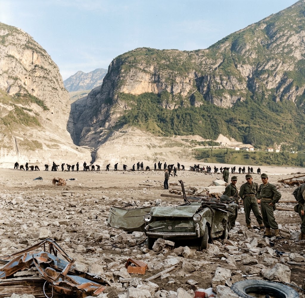 Le barrage du Vajont, resté intact, dominant la vallée où fut engloutie Longarone en 1963