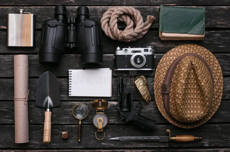Équipement d'exploration posé à plat : chaussures de marche, lampe frontale, gourde, appareil photo et sac à dos