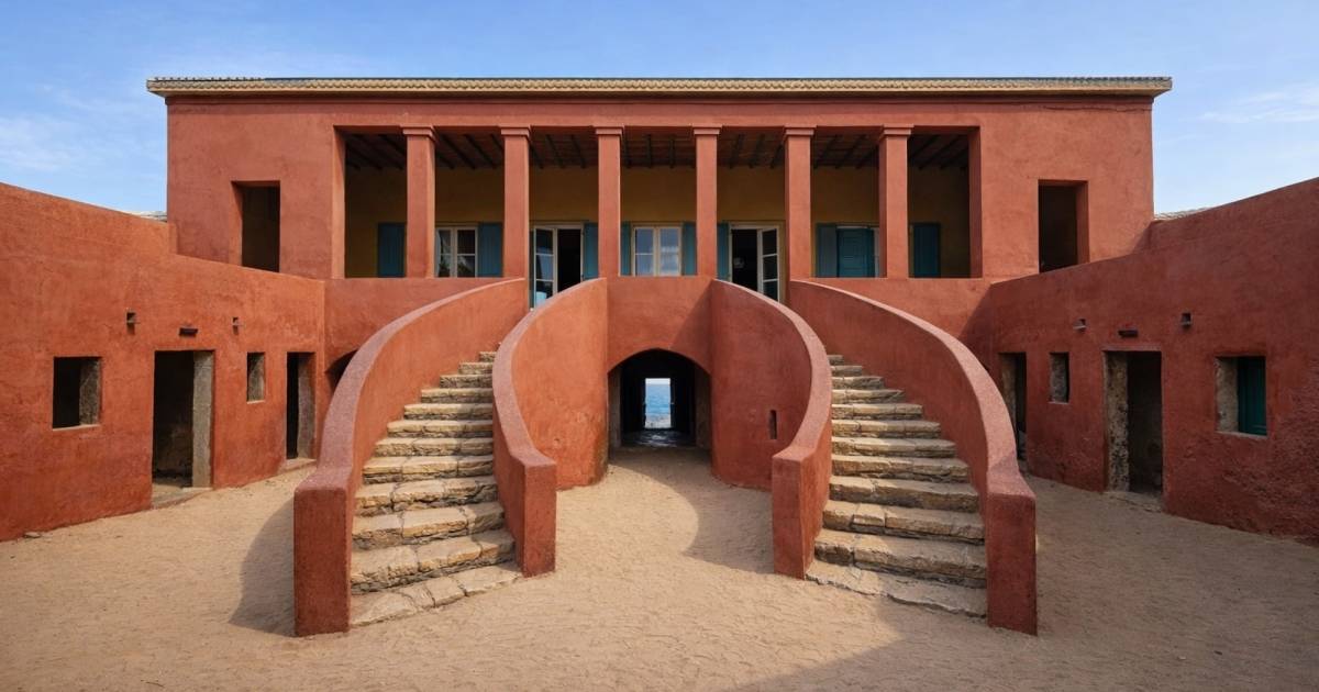 Façade ocre de la Maison des Esclaves sur l'île de Gorée, avec son double escalier incurvé ouvrant sur la cour intérieure