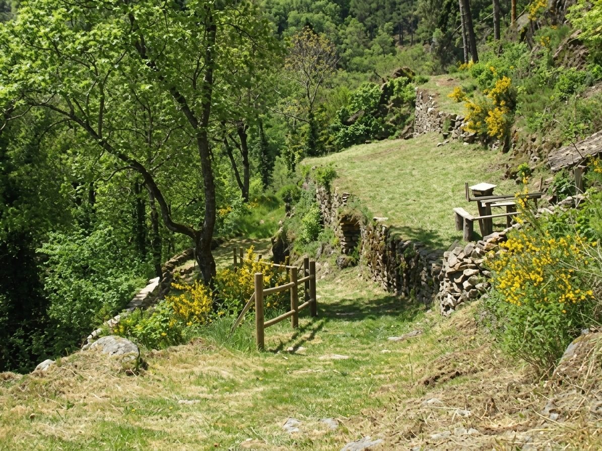 Les ruines médiévales du village abandonné d'Issandolanges, sur son éperon rocheux au-dessus de la Dolore
