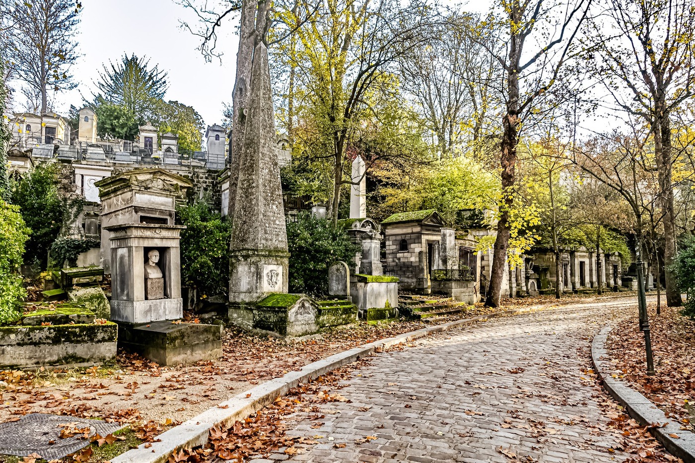 Une allée arborée et pavée du cimetière du Père-Lachaise à Paris, bordée de tombes anciennes et de mausolées
