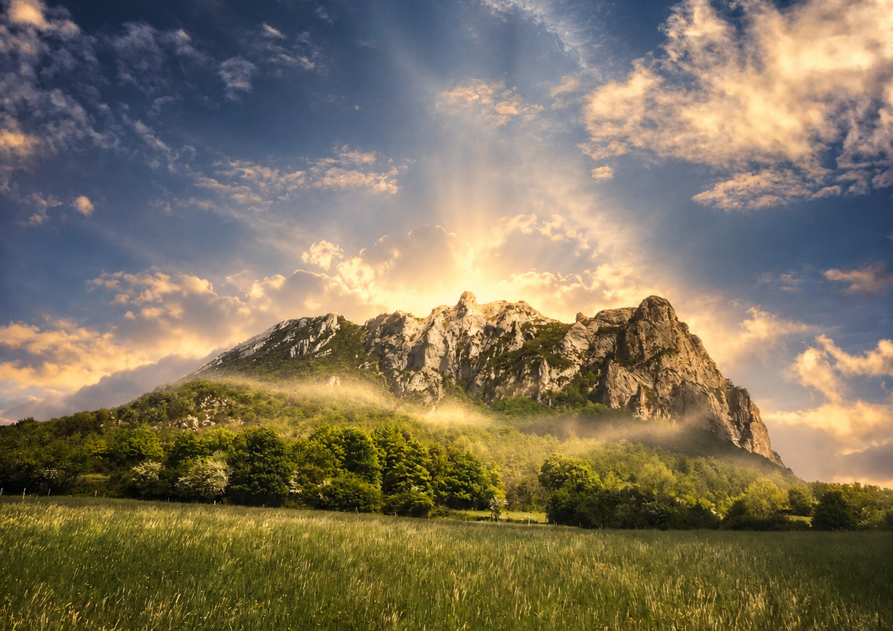Le pic de Bugarach dominant les Corbières dans l'Aude, sous un ciel dramatique