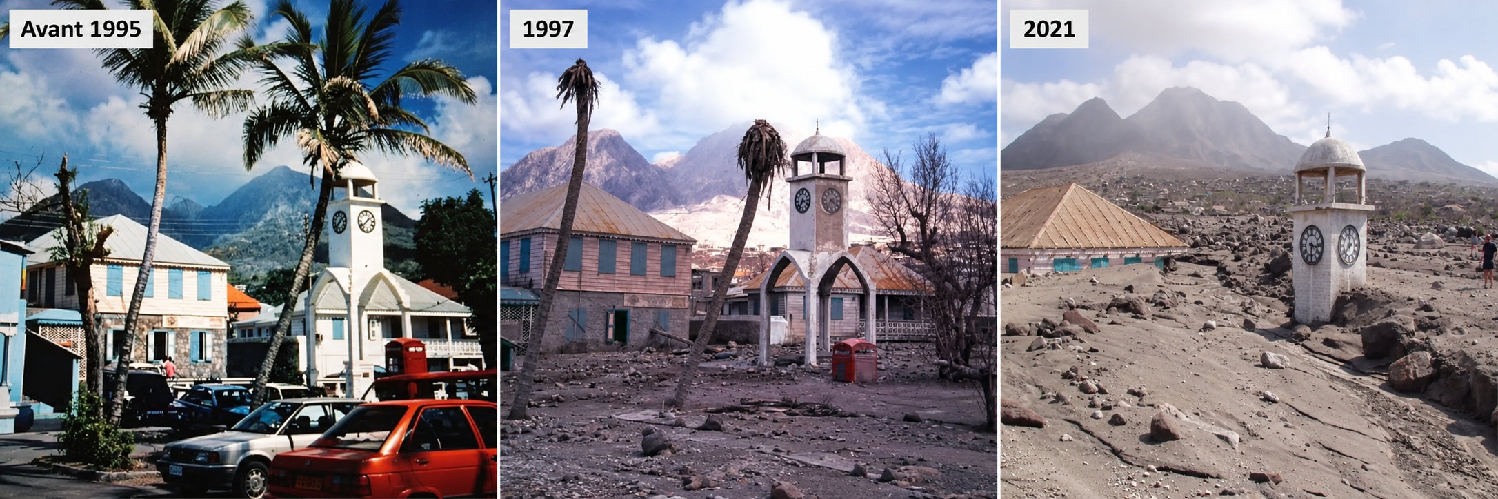 Bâtiments de Plymouth, à Montserrat, à demi ensevelis sous les cendres volcaniques grises